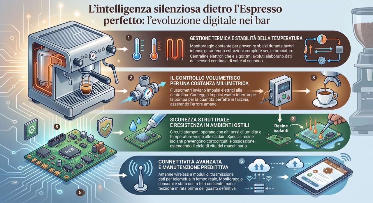 Infografica: intelligenza silenziosa dietro l'Espresso perfetto: l'evoluzione digitale nei bar