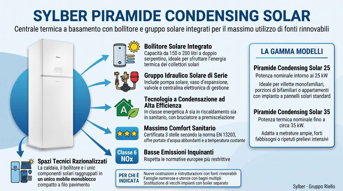 Infografica caldaia a condensazione Sylber Piramide Condensing Solar | schede-tecniche.it