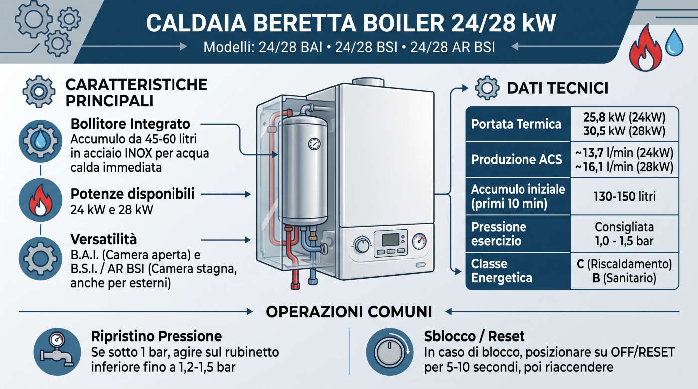 Infografica caldaia murale a gas Beretta Boiler 24/28 BAI - 24/28 kW BAI/BSI - 24/28 AR BSI | schede-tecniche.it
