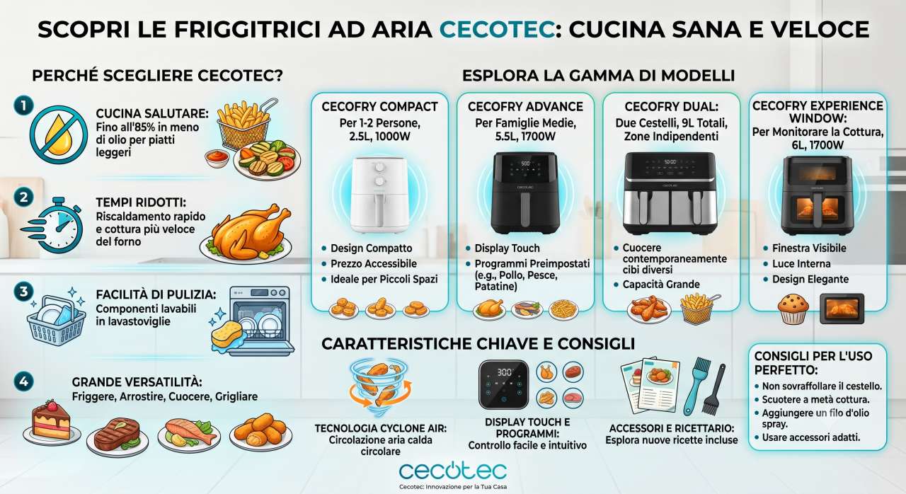 Infografica friggitrici Cecotec | schede tecniche e manuali uso