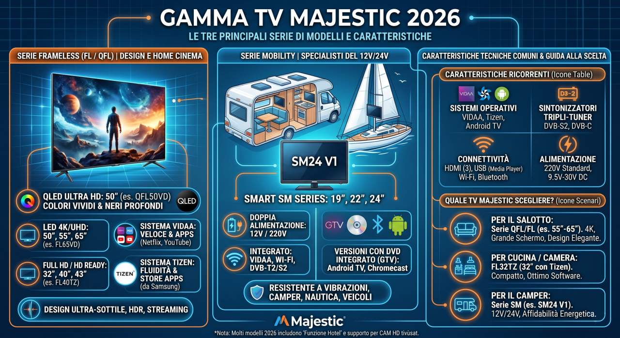 Infografica schede tecniche e manuali uso televisori Majestic